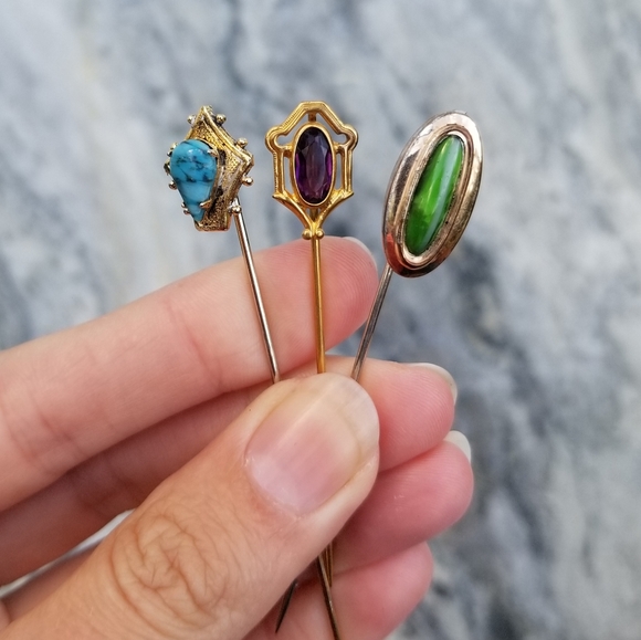Vintage Jewelry - VTG Stick Pin Lot of 3, Colorful, Gold Tone